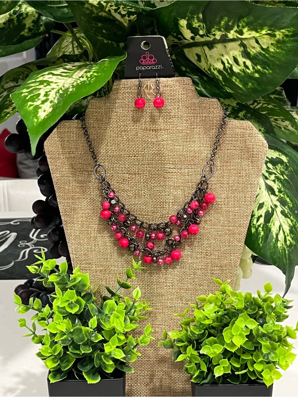paparazzi Hot Pink Multi-Strand Beaded Chain Necklace & Drop Earrings